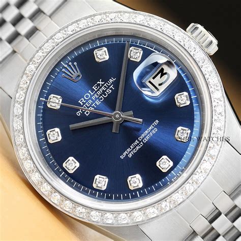 rolex mens datejust blue dial 18k white gold|Rolex oyster diamond bezel.